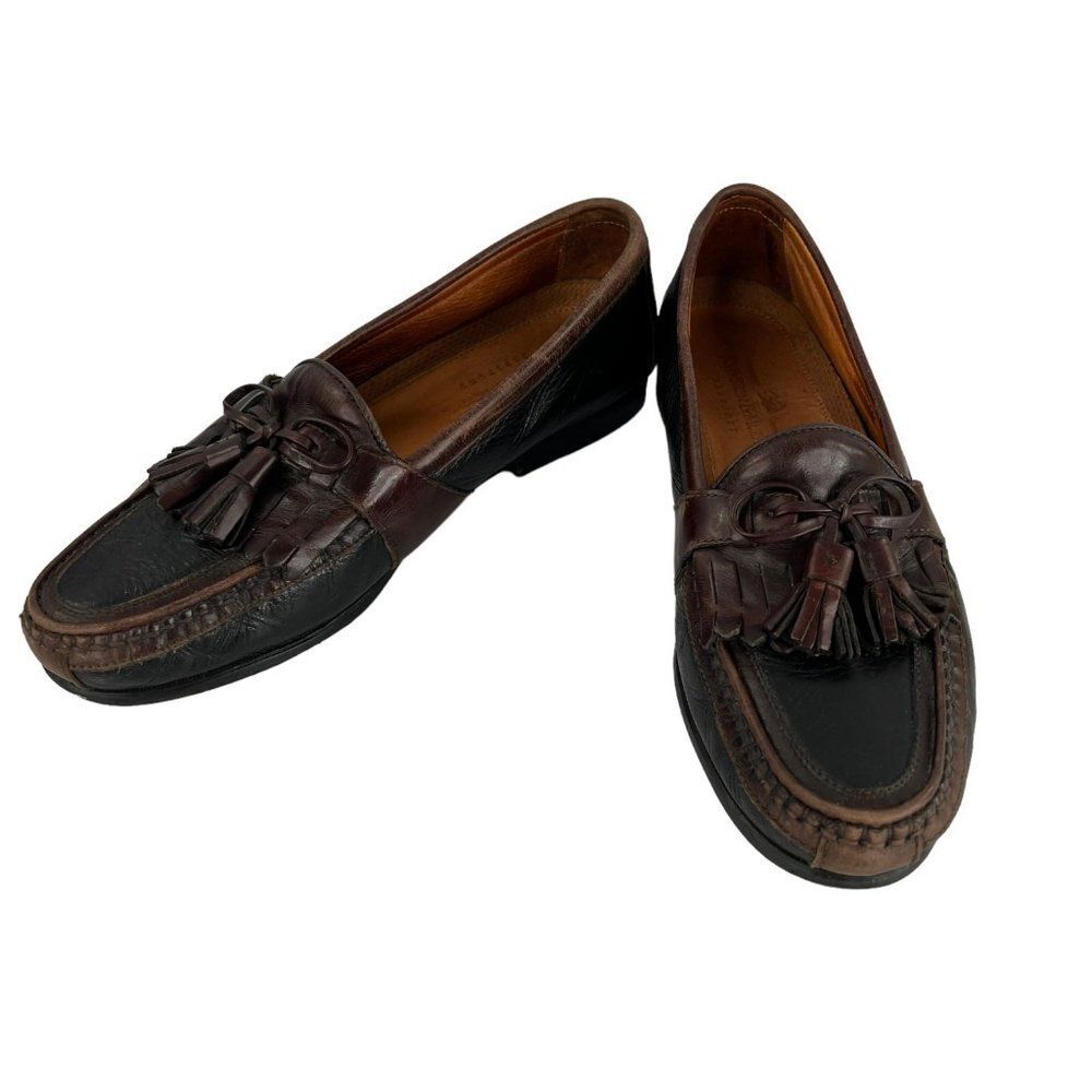 Johnston & Murphy Passport 2 Tone Black/Brown Leather Loafers w Tassels Size 9.5